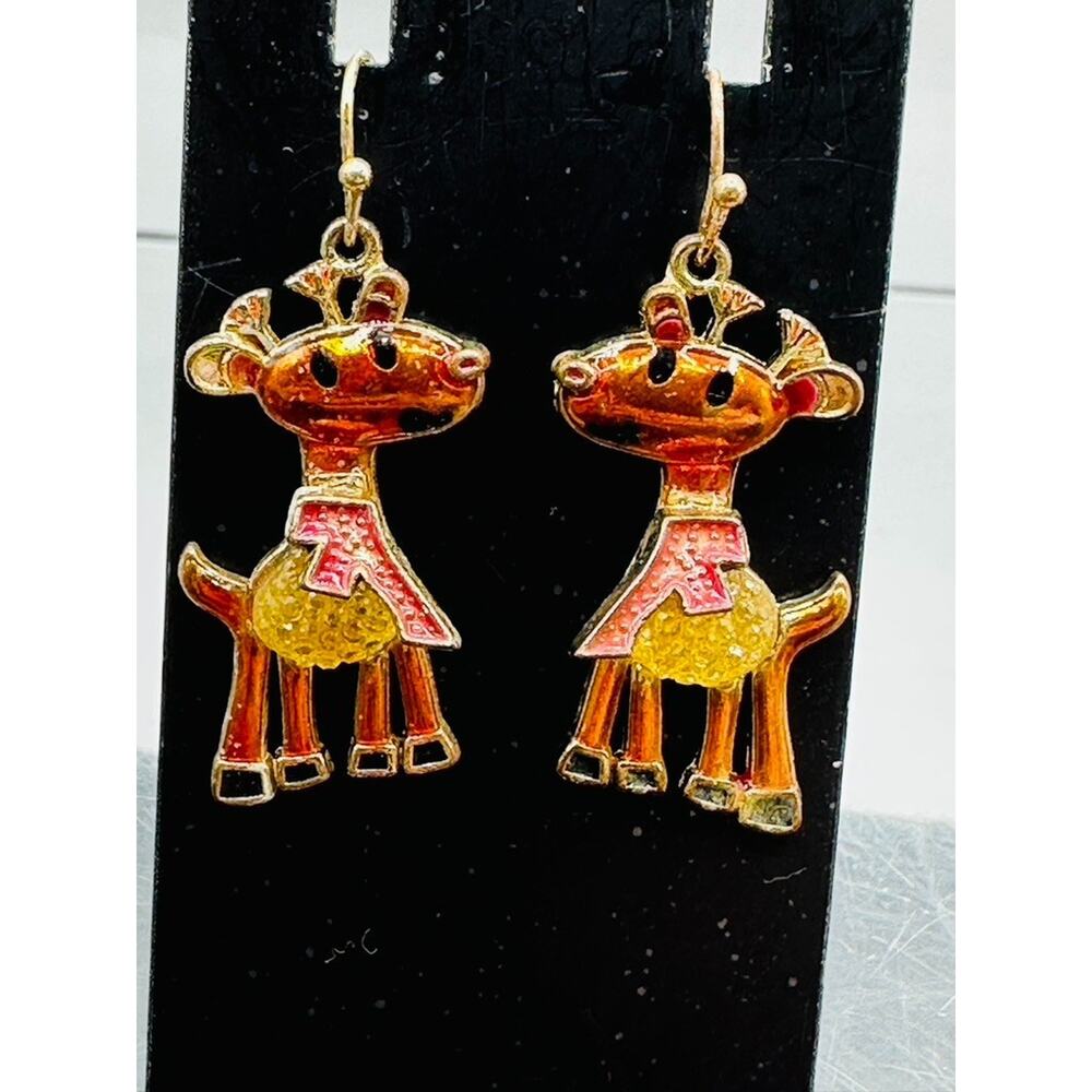 Reindeer Earrings Bronze Tone Enamel Christmas Holiday Jewelry Gift